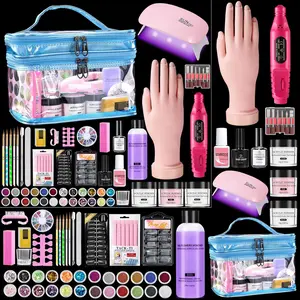 Nail Kit for Beginners with Everything: Professional Nail Acrylic Powder Liquid Set with Practice Hand Drill U V Light in Cosmetic Bag for Women Salon Home (Pink)