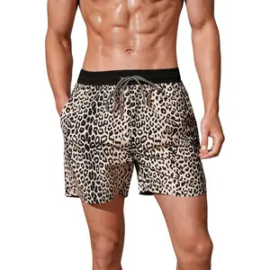Men's Leopard Swim Trunks Drawstring Waist Swimwear Summer Beach Shorts with Pockets