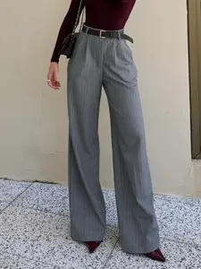 Women's Wide Leg Pocket Pants, Fashionable Comfortable Long Trousers, Casual Fashion Loose Stylish Ladies' Bottoms with Belt, All Seasons Everyday Wear