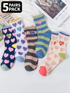 5 pairs of random women's fashionable mid-calf socks with love patterns, soft and comfortable mid-calf design, suitable for daily casual wear, ideal as Valentine's Day gifts, Soft Comfy Hosiery