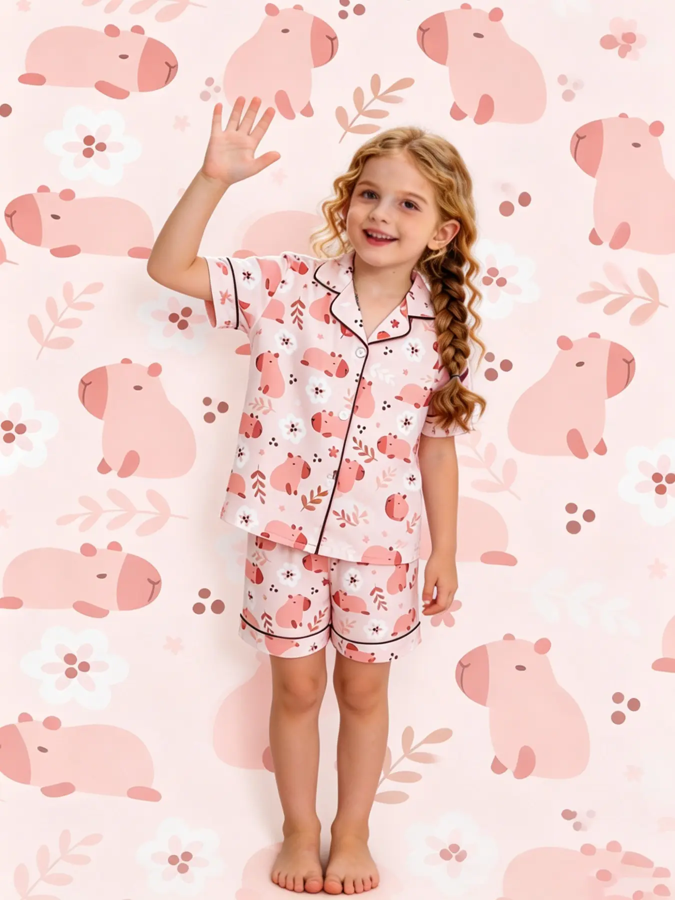 2-piece children's beige base with floral Capibala pattern printed short sleeved shorts, soft top, pocket lapel design, elastic waistband, suitable for all seasons at home, daily leisure, children's clothing, sleepwear set, Cartoon Print Sleepwear