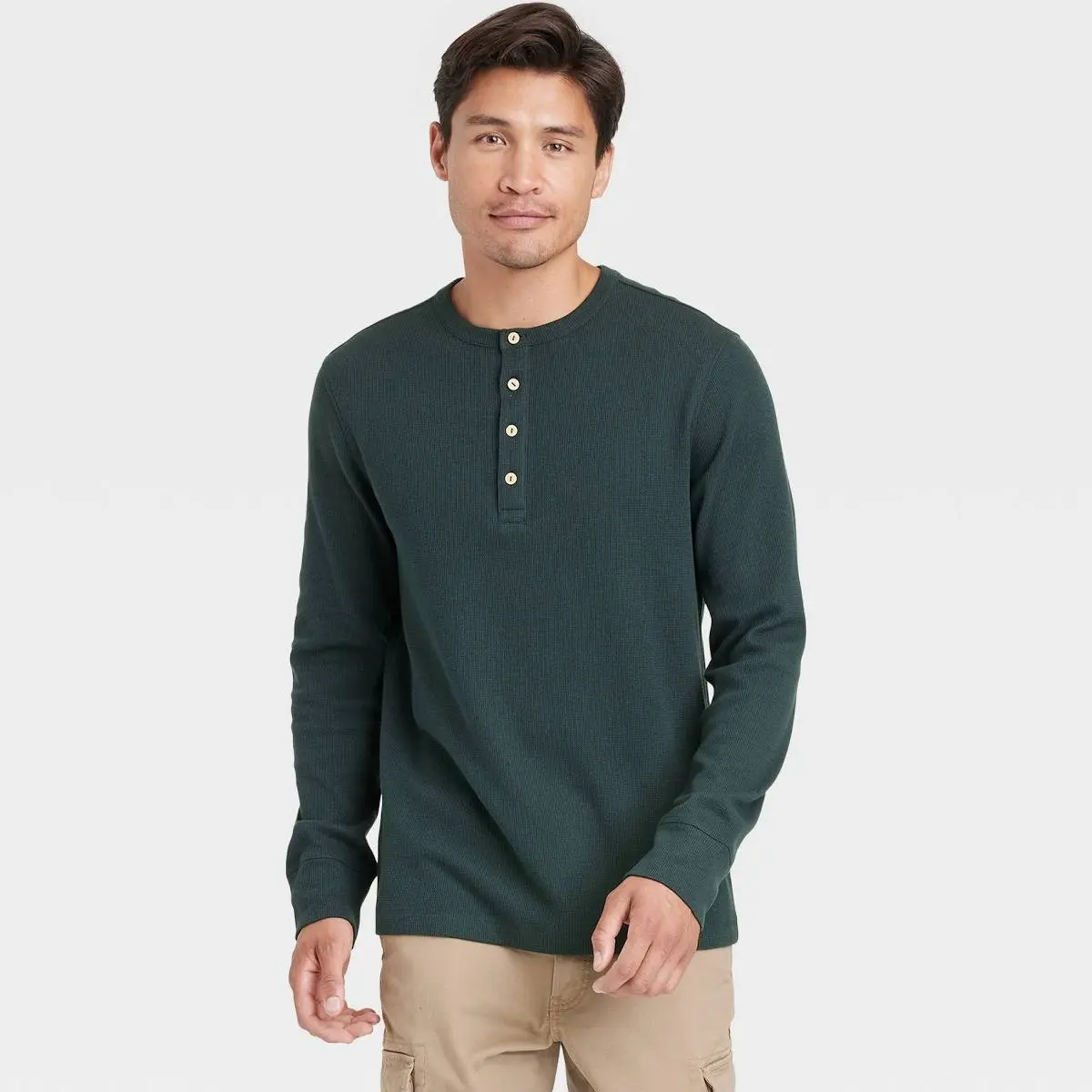 Men's Casual Henley Long Sleeve Shirt, Textured Fabric Pullover with a 4-Button Henley Neck for Everyday Wear, Original, Casual Aesthetic Longsleeves, 4 Buttons, Brand New, Daily Use, Goodfellow & Co, Daily Wear