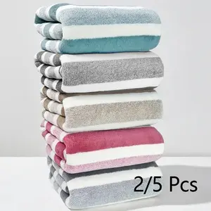 Striped Pattern Bath Towel Sets, Premium Towel Set, 2/5 Counts/set Soft Absorbent Microfiber Blanket Towel, Quick Drying Towel for Bathroom, Hotel, Salon, Spa, Gym, Home Goods #GLOBAL PICKS