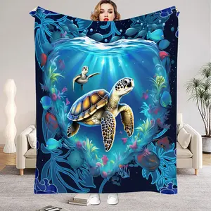 1pc Blue Sea Turtle 3D Printed Flannel Blanket – Comfortable Sofa Throw for Home, Living Room, Bedroom Decor | Birthday Gift for Kids & Adults | Eco-Friendly Cozy Cover