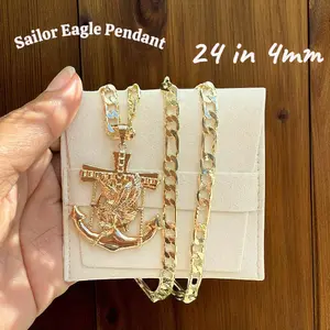14K GP Fashion Hip Hop Sailor Anchor Eagle 1.77" Pendant Size - Luxury Pendant with Figaro Link Chain 24" 4mm - Unisex Jewelry Brass Material