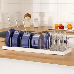 Expandable Food Storage Container Lid Organizers, 22" Pots and Pans Organizer Under Cabinet with 7 Adjustable Dividers Pot and Pan Lid Holders Rack Inside Cabinet(White,1 Pack)