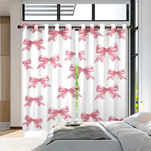 2 panels Bow Print Light Filtering Curtain Panels, Classic Polyester Ring Top Drapes Window Curtain, Home Decorative Curtain for Kitchen Living Room Bedroom Bathroom, Interior Decoration Accessories