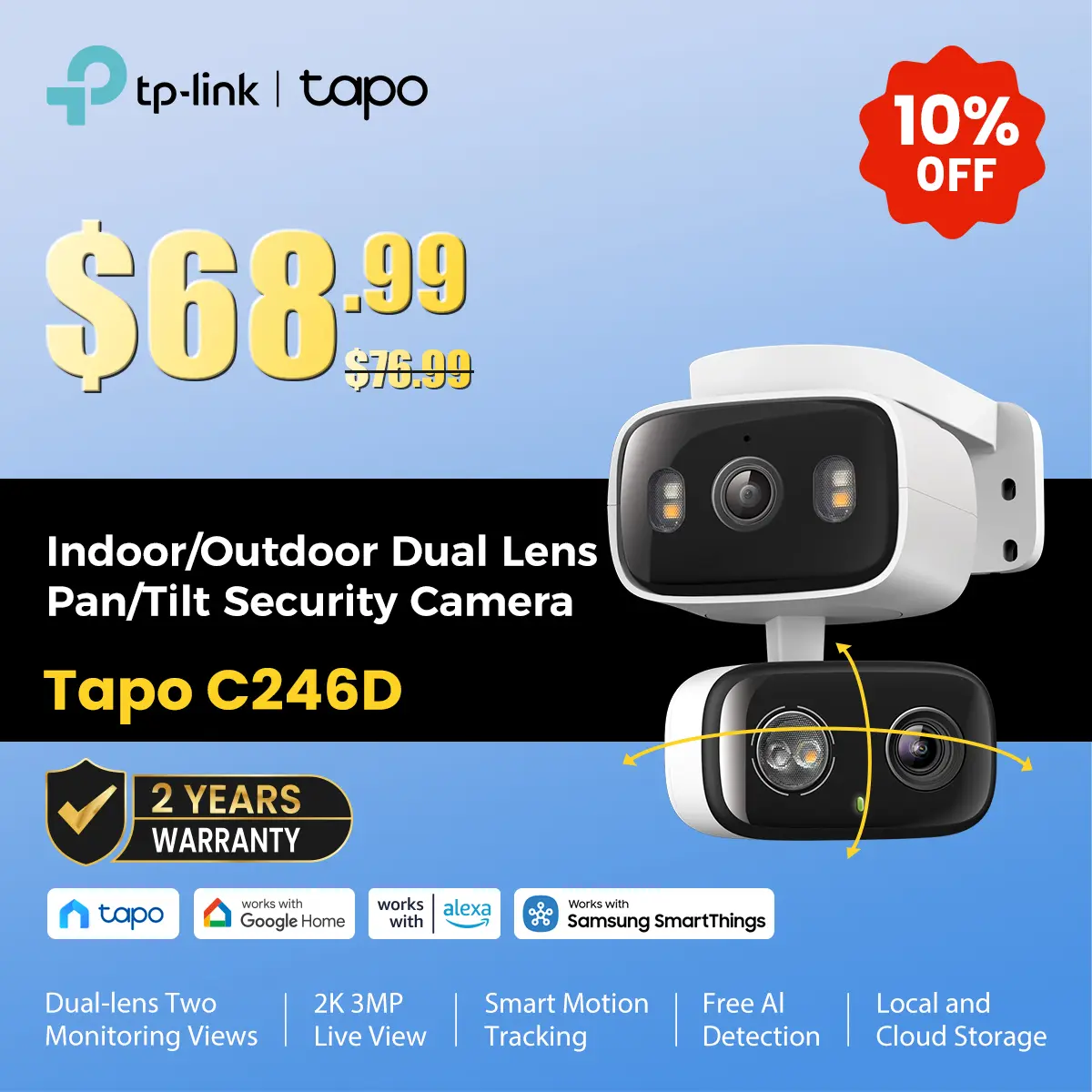 TP-Link & Tapo C246D HybridCam Duo 2K Dual Lens Pan/Tilt Indoor/Outdoor Security Camera with Wide Angle & Telephoto Lenses, Local & Cloud Storage, 360° Patrol, Custom Privacy Zones, Two-Way Audio, IP65 Weather Resistant #SummerWins #DealsForYouDays