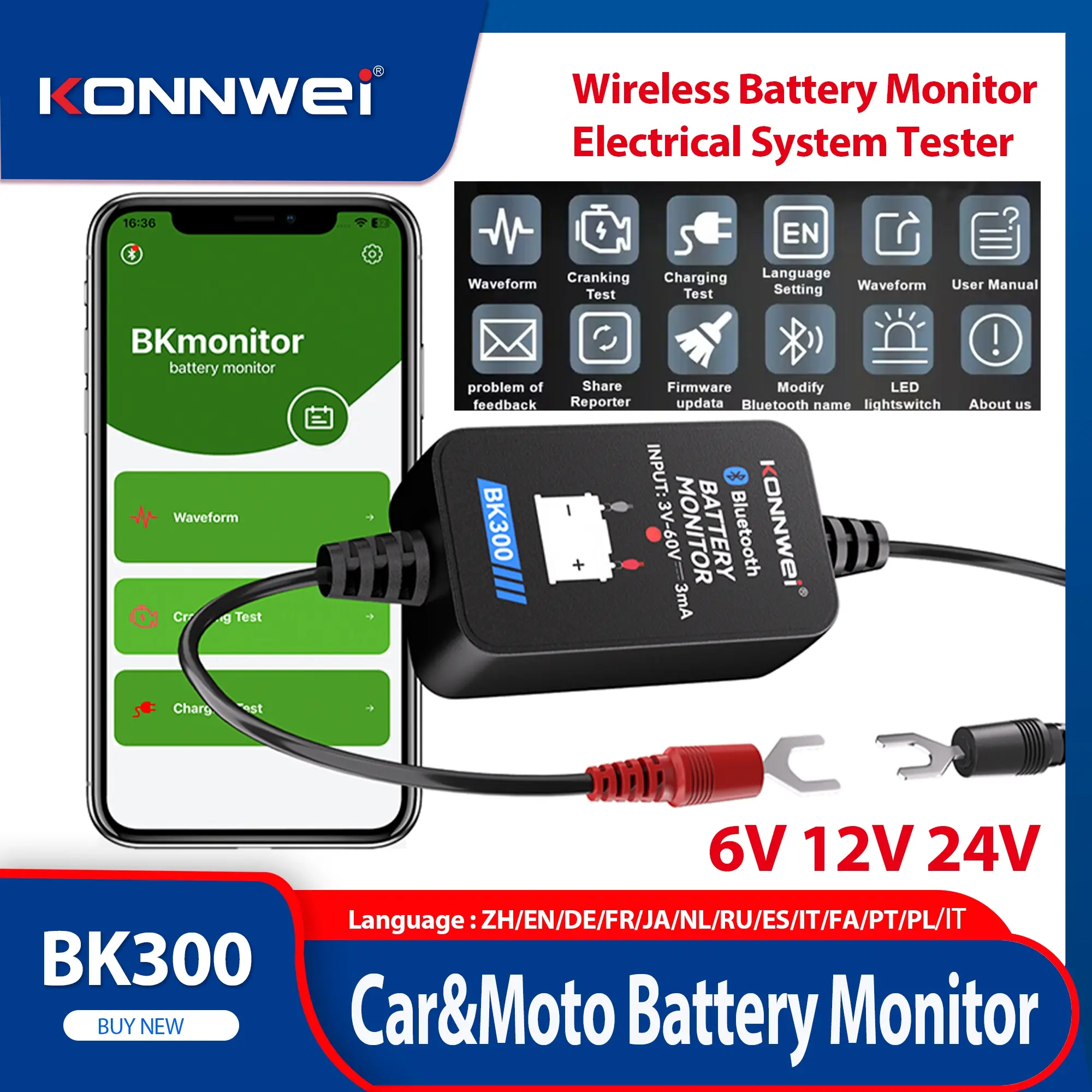 New KONNWEI BK300 Car Vehicle Automotive Battery Monitor Tools Wireless Bluetooth5.0 Battery Health Monitoring Battery Tester Tools for Android IOS