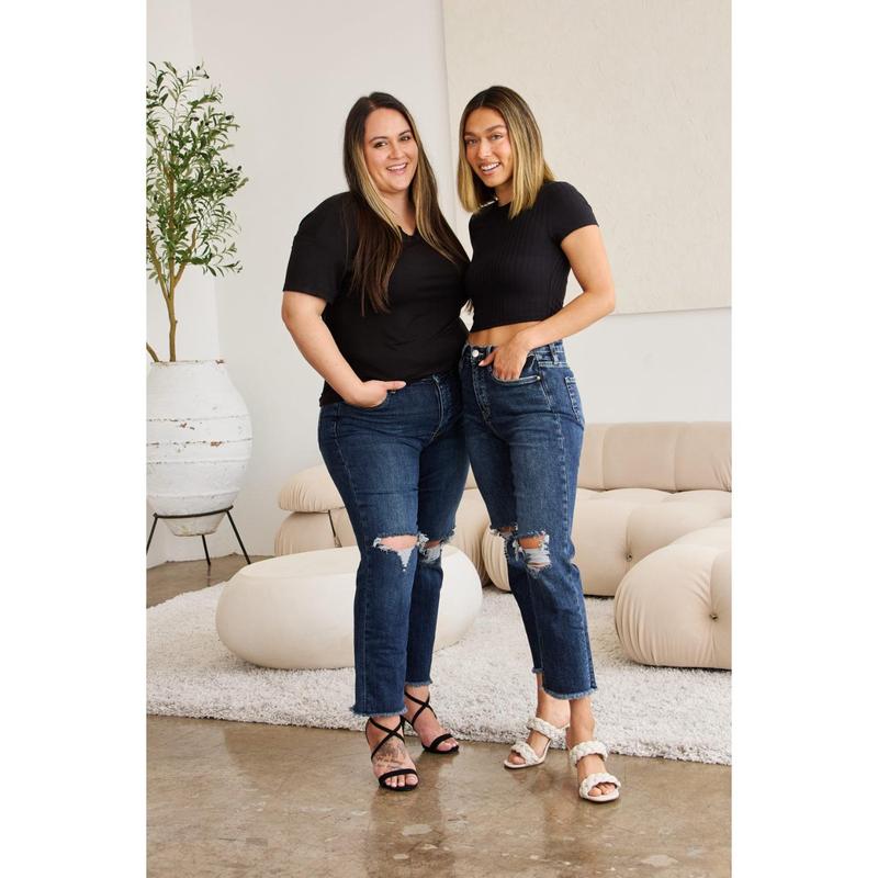 RFM Crop Dylan Full Size Tummy Control Distressed High Waist Raw Hem Jeans