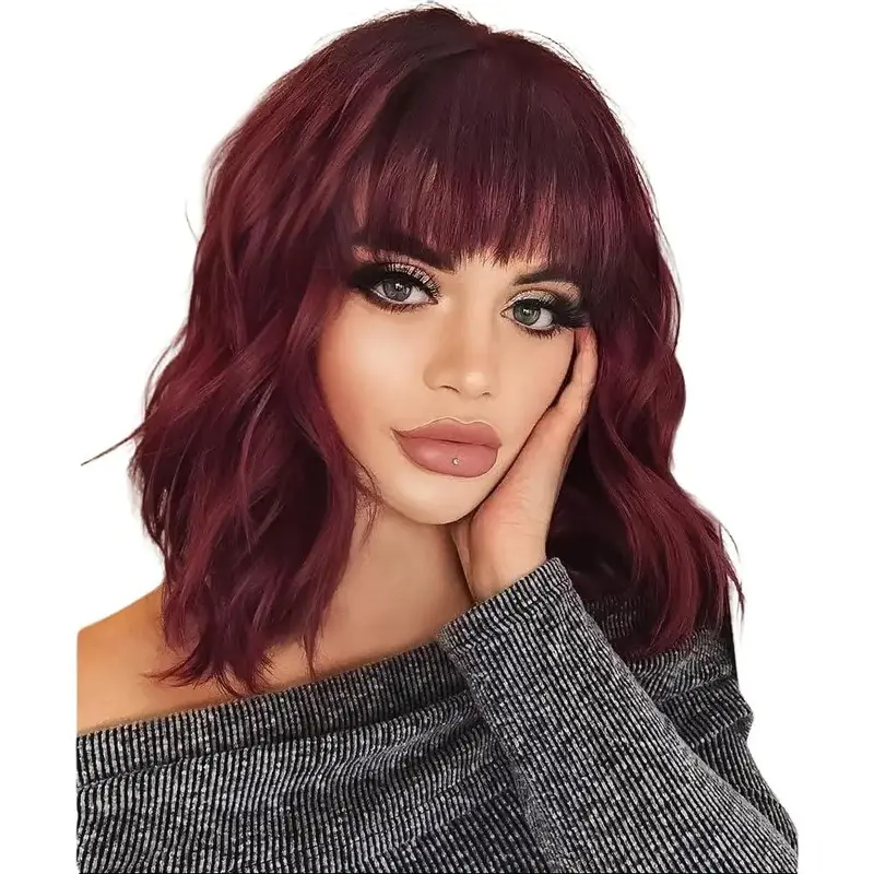 Sohochic AISI HAIR Women's Soft Wave Wig - Synthetic Curly Bob with Bangs, 20-23 Inches Heat-Resist Hair, Easy-to-Wear Net Design with Buckle, Adjustable Strap Full Machine Wig