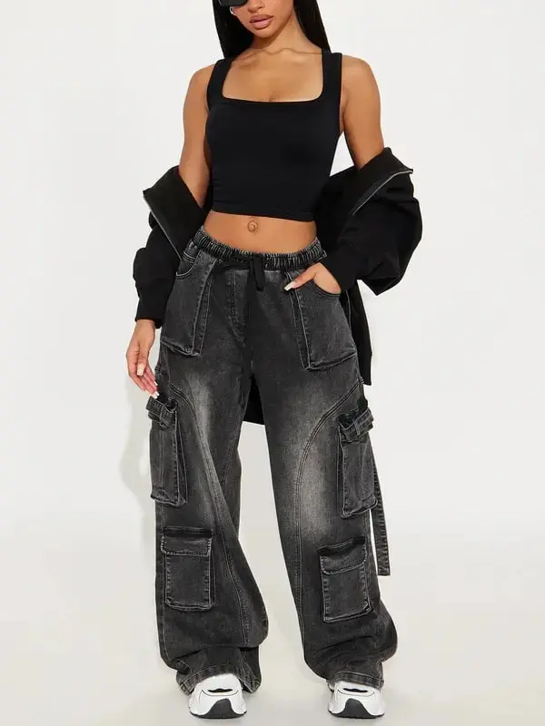 Met My Match Baggy Cargo Jeans - Black Wash