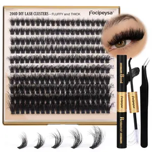 200D Lash Extension Kit – Thick & Fluffy 10-18mm Eyelash Clusters with Bond, Remover & Applicator for DIY Extensions
