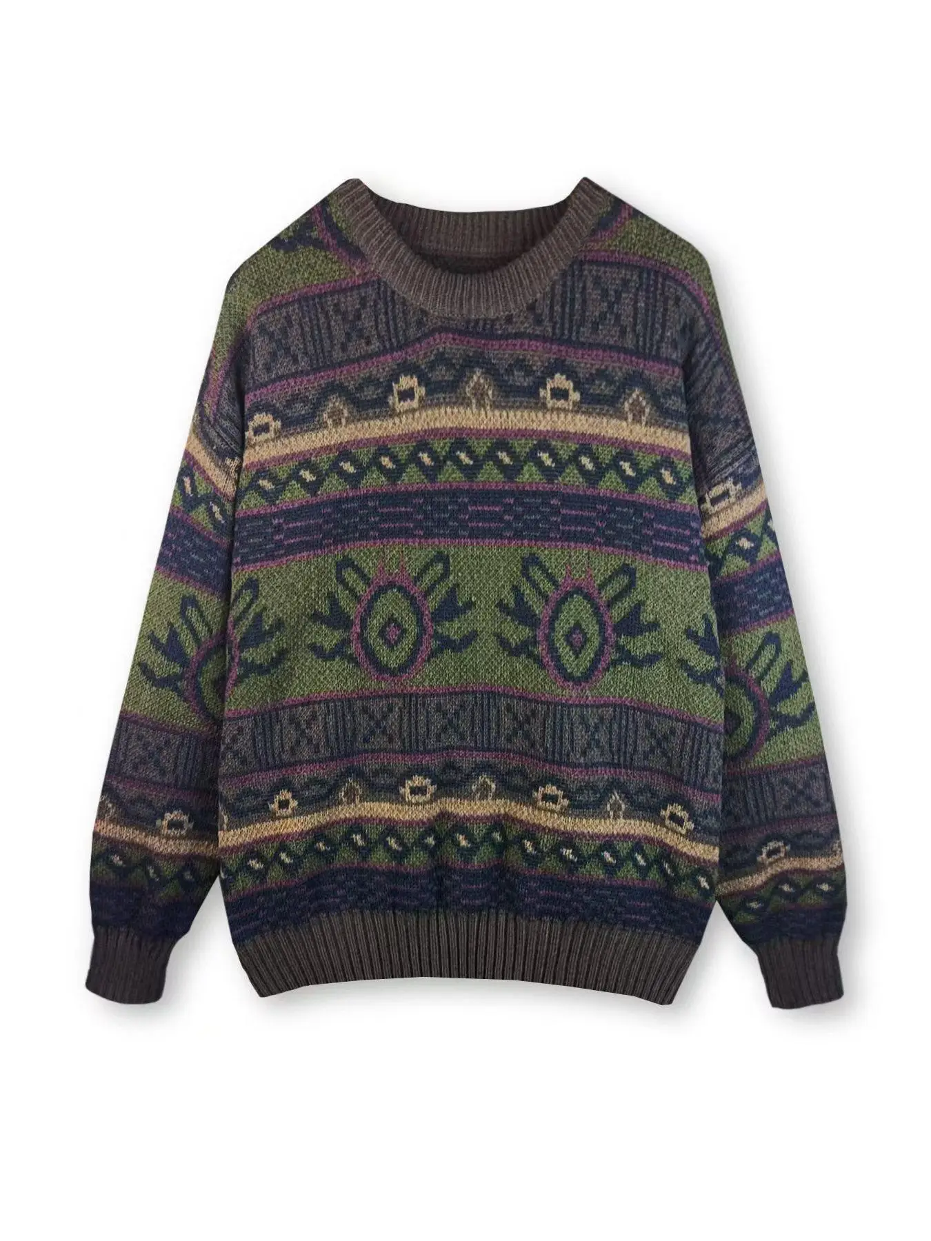 Women's Ethnic Pattern Drop Shoulder Sweater, Boho Geometric Pattern Long Sleeve Round Neck Jumper for Fall, Back To School Outfits, Fashion Ladies' K