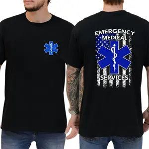 [100% Cotton] Emergency Medical Services T-Shirt, EMS Patriotic Flag Graphic Tee Shirt, Double Sided First Responder EMS Back Print Short Sleeve Shirt, Blue Star Of Life Medical Tshirt, Gift For EMT Men Women.