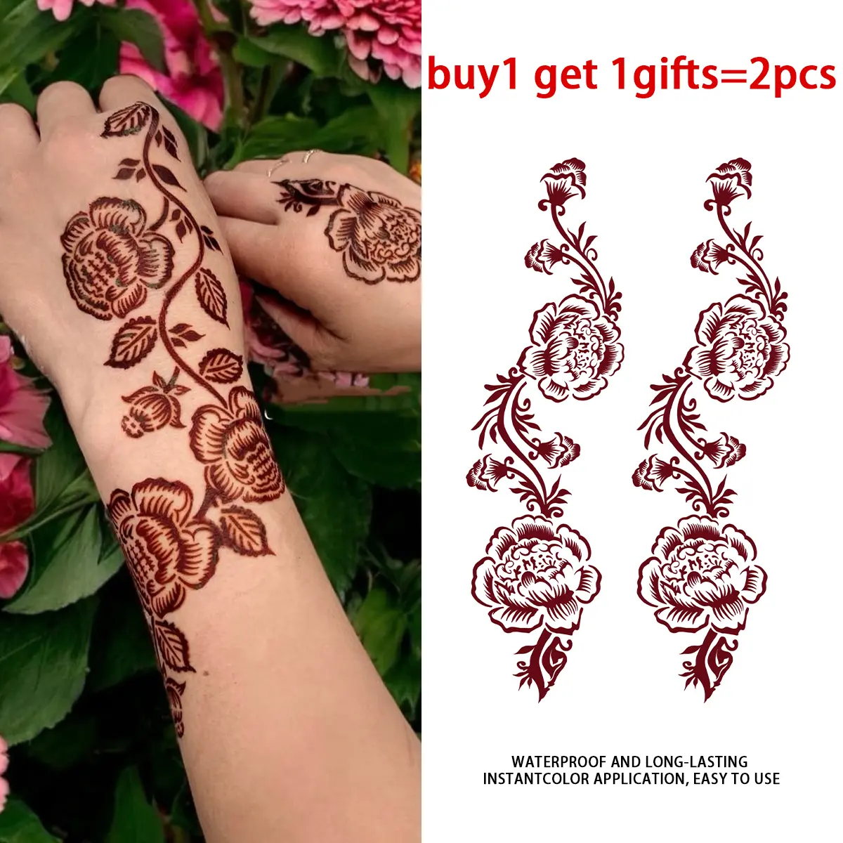 Peony Vine Henna Floral Series Temporary Tattoo Stickers - 2 Sheets Semi-Permanent Waterproof Realistic Fake Tattoos, Single Item for Women, All Skin Types Ideal for Swimming, Party