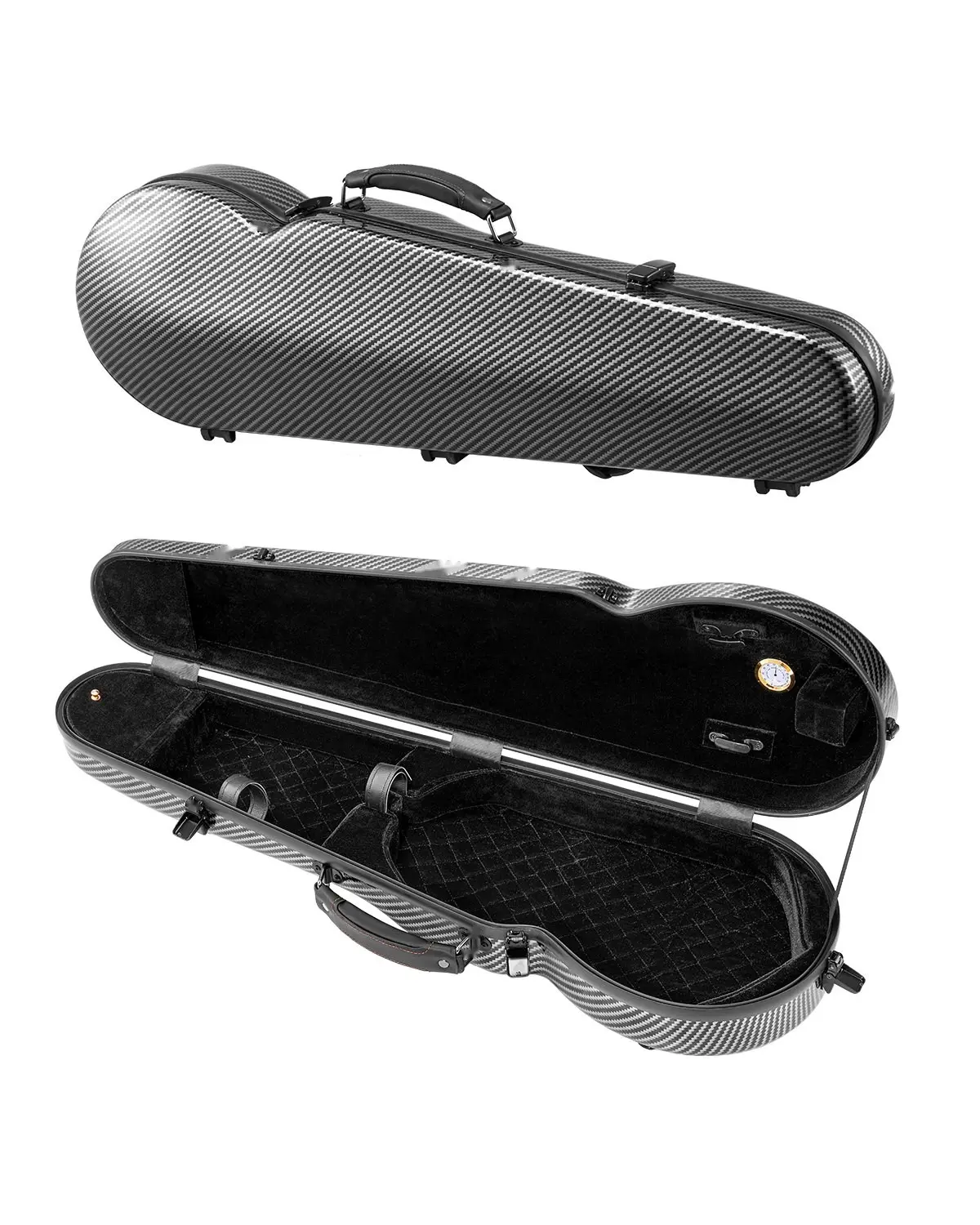 Portable Composite Carbon Fiber 4/4 Full-Size Violin Case Black Carrying Bag, Hard Shell, Lightweight Construction, Weather-Resistant Zippers, Thick Padding, Shock-Absorbing Interior, Secure Latch, Ergonomic Handle, Travel Ready