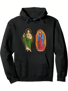 Women's Fitted Classic Long Sleeve Pullover Hoodie Top - Black, Casual Fashion Printed Clothes, Virgen de Guadalupe & San Judas Tadeo Prints, Soft Fabric, Personalized Fit for Joggers
