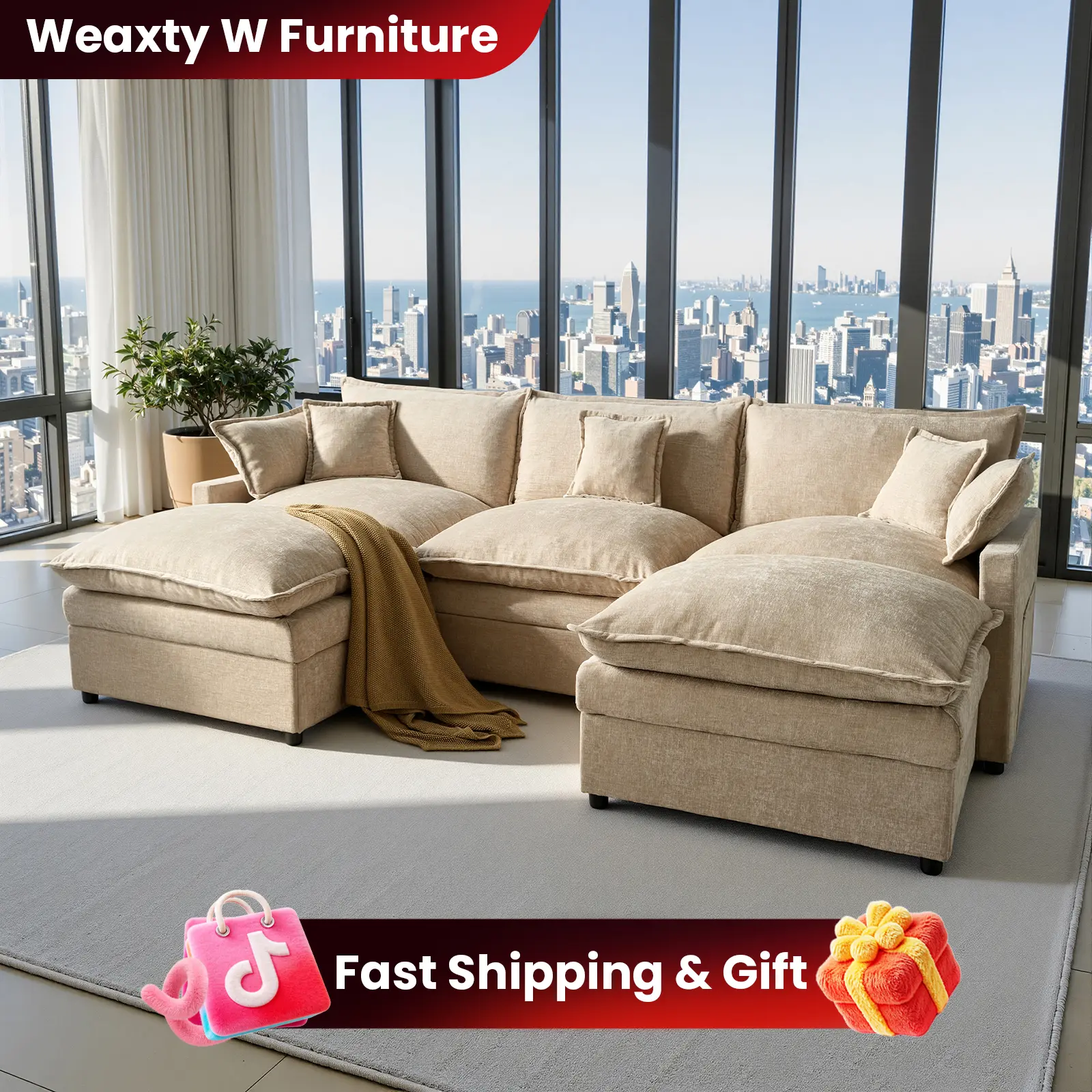 Weaxty 108 in Modular Sectional Couch - 5-Seat U-Shaped Modern Furniture for Small Spaces, Split-Type Double-Layer Chenille Sofa with Fixed Arms, Removable Ottomans, Modern Home Decor, Requires Assembly