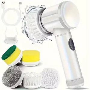 Cordless electric cleaning brush, Rechargeable spin scrubber with 5 replaceable brush heads - Portable rotating, suitable for bathrooms, kitchens, tiles, made of durable polypropylene, ergonomic handle, bristles