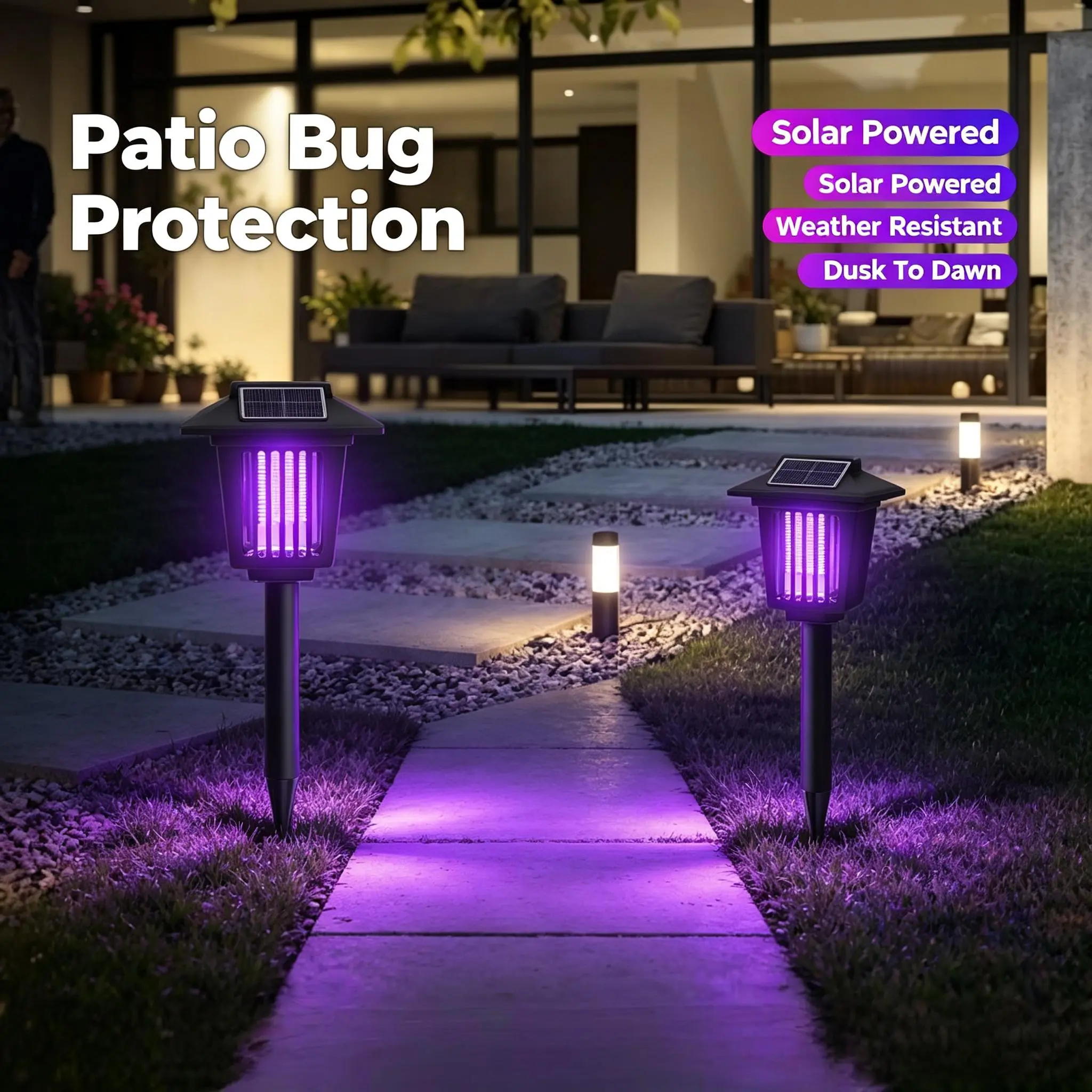 2-in-1 Solar Bug Zapper Outdoor Light - Waterproof UV Mosquito Killer Lamp with Auto On-Off, Solar Stake Light for Patio, Garden, Lawn