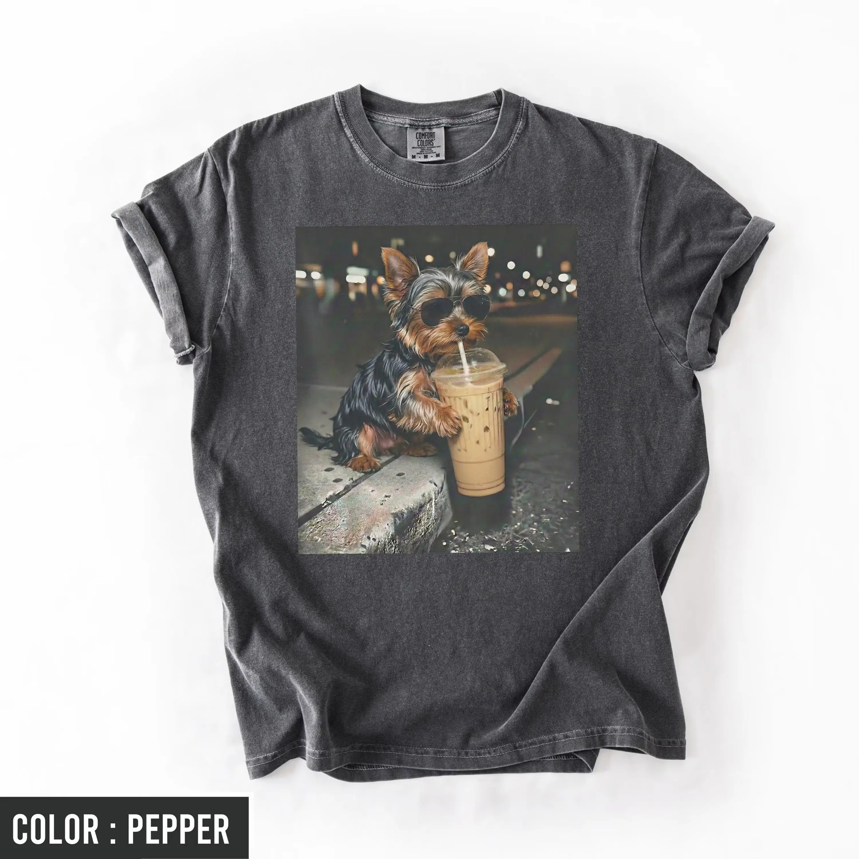 Yorkie Drinking Iced Coffee Shirt, Funny Dog Meme Tee, Animal Shirt, Coffee Lover Yorkshire Meme Shirt, Comfort Colors T-Shirt, Unisex Tee