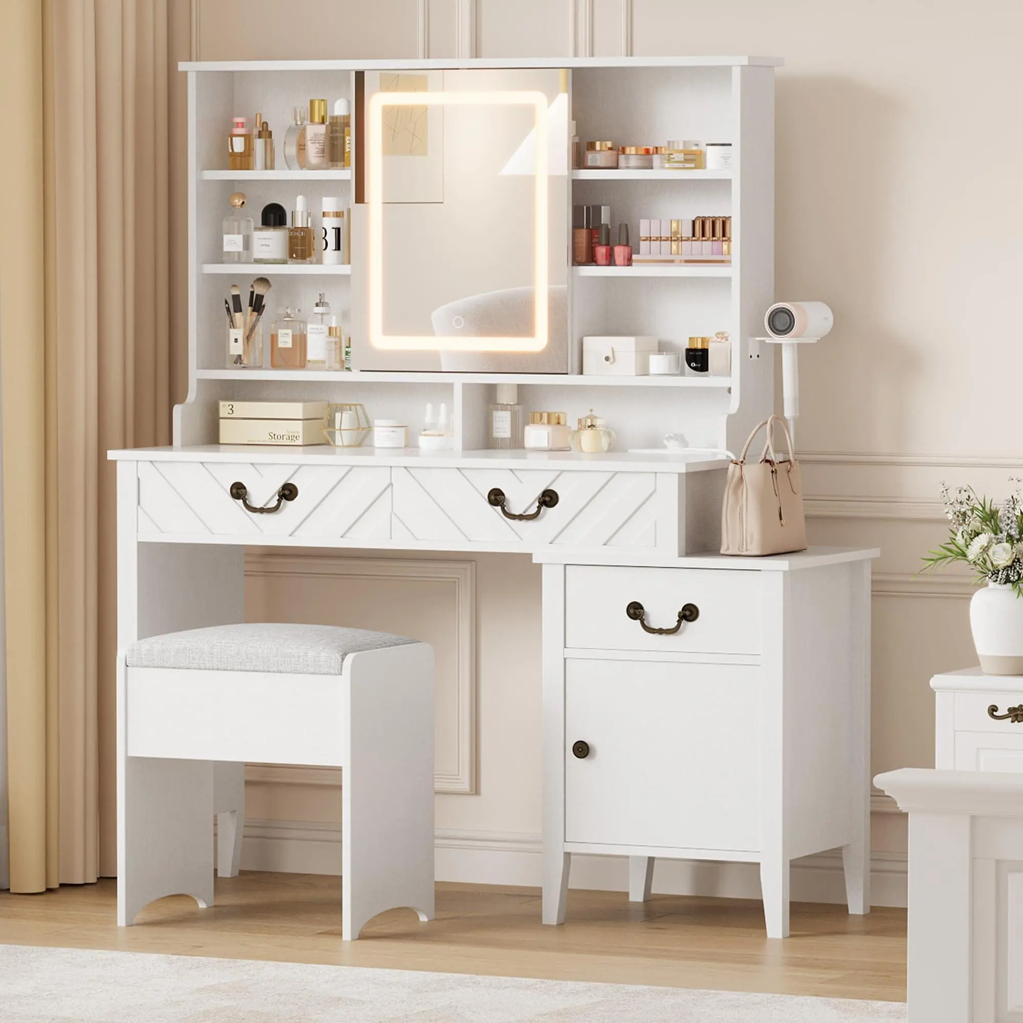 White Adjustable Waterproof Vanity Desk with Sliding Mirror, LED Lights, Charging Station, Storage Drawers, Cabinet and Stool for Bedroom