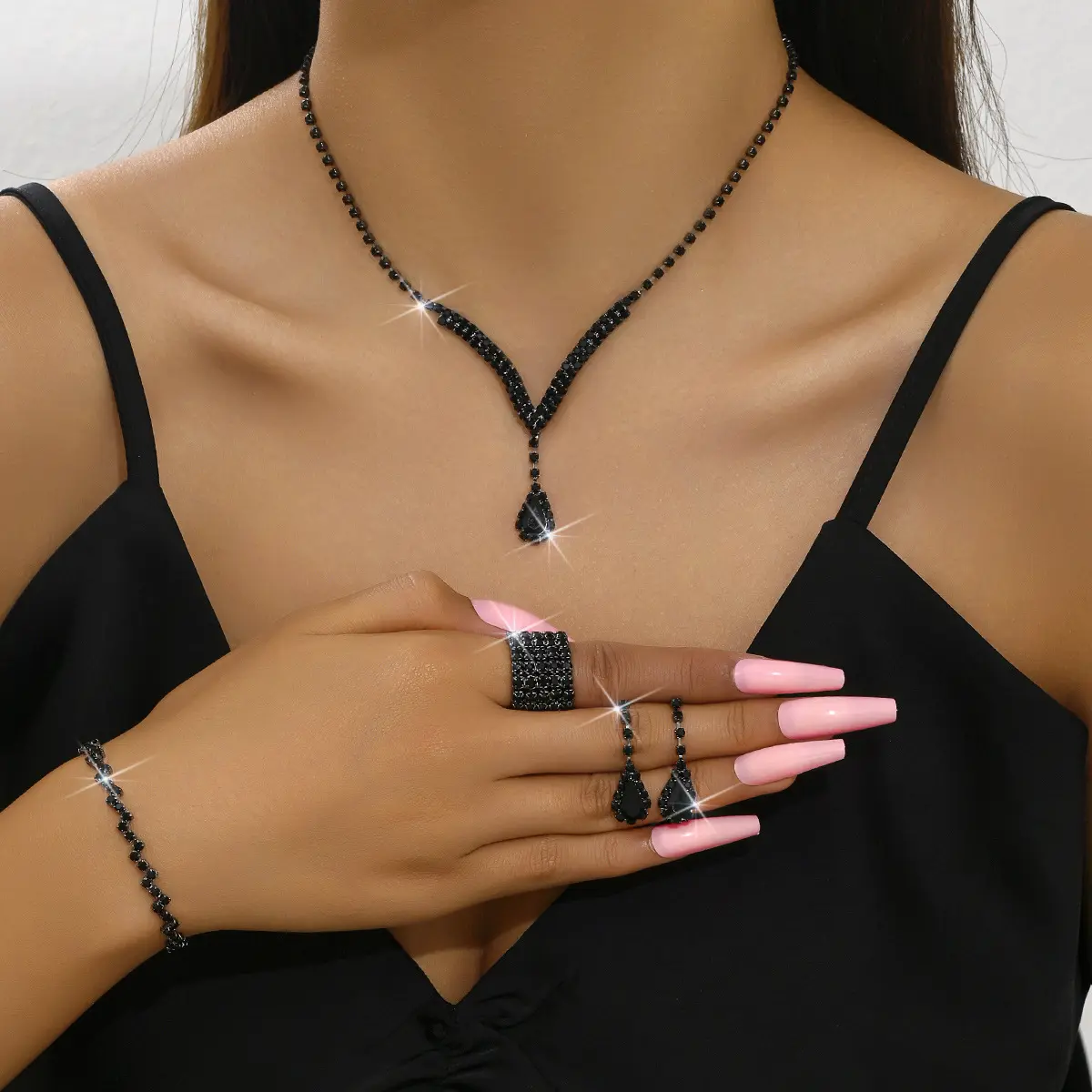 630+785+424 5 all black necklace+earring