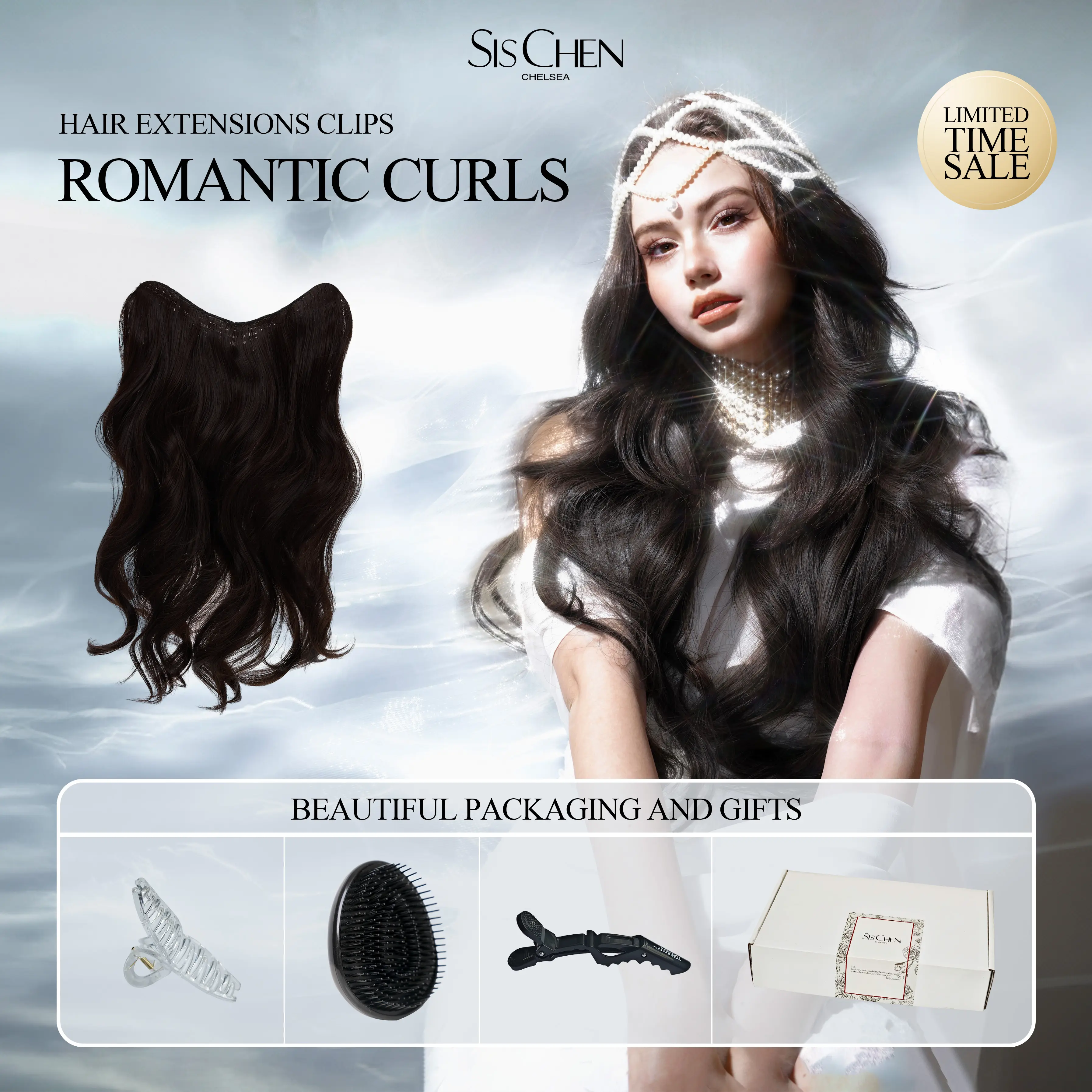 SISCHEN Romantic Hair Extensions Clips 10-Layer Seamless Wig Clips for Long Wavy Hair, Handmade Craftsmanship, Beige curly Adjustable  Hair Lace Front Wig