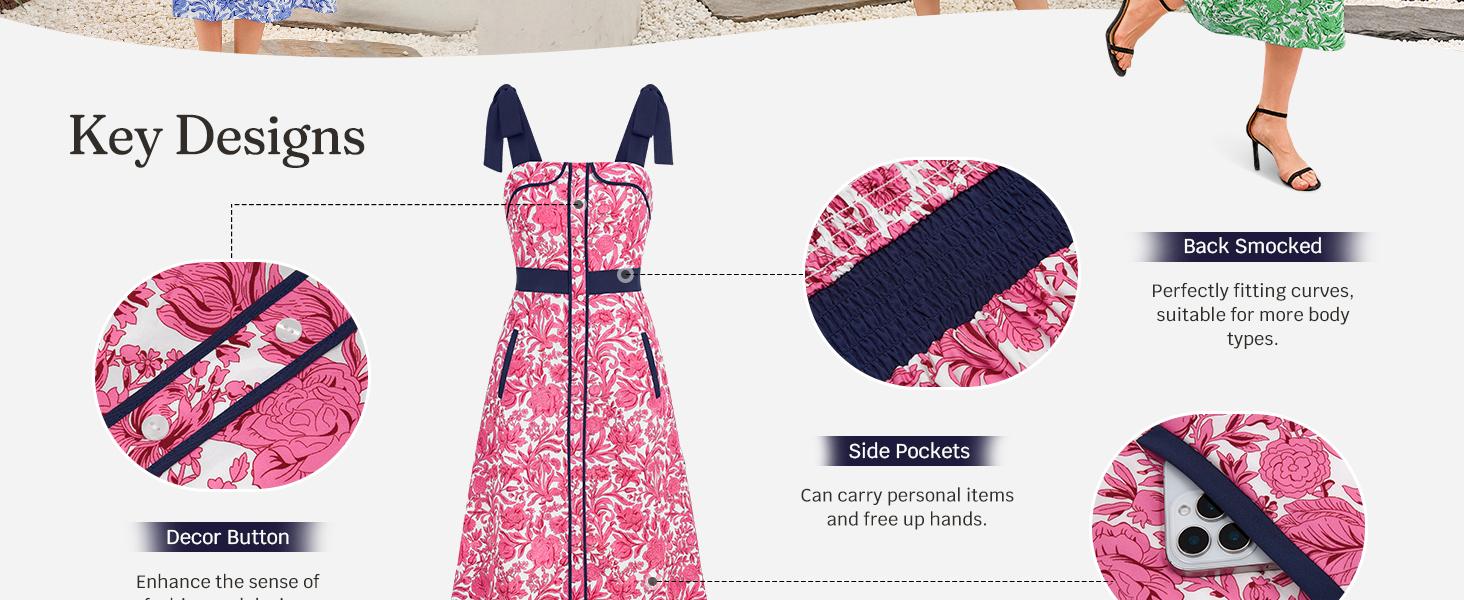 Wenrine Women's Summer Floral Midi Dress Casual Tie Strap Sleeveless Smocked Button Boho Flowy Beach Sundress with Pocket