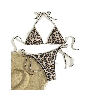 Sexy Coffee Leopard Print Micro Bikini Women Halter Pleate Push Up Bra Tie Side Thong Swimsuit Beach Bathing Suit Swimwear casual halter triangle bra swimwear