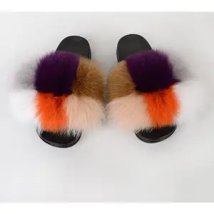 "QUILT" Purple Grey Orange Cream Brown and White Checkered Fur Fluffy Flip Flops™️