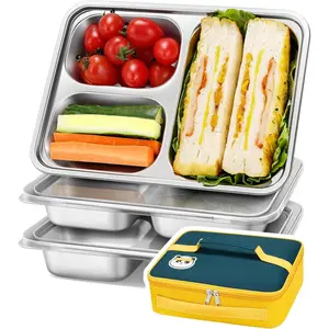 3 Pack Stainless Steel Snack & Lunch Containers with Plastic  - Meal Prep Containers 3 Compartments - Metal Bento Lunch Boxes for  & Adults - Not  Leakproof -  &  Plates