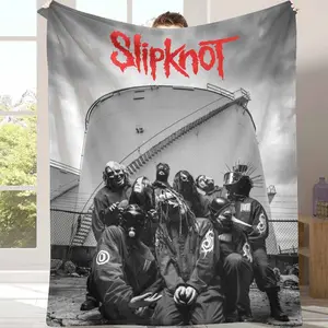 Dark Industrial Masked Group Flannel Blanket, Black White Grunge Art Print, Soft Warm Durable Texture, Ideal for Bedroom Decor, Living Room Accent, Music Studio Lounge, Halloween Gifts, Alternative Style, and Grunge Enthusiast Presents.