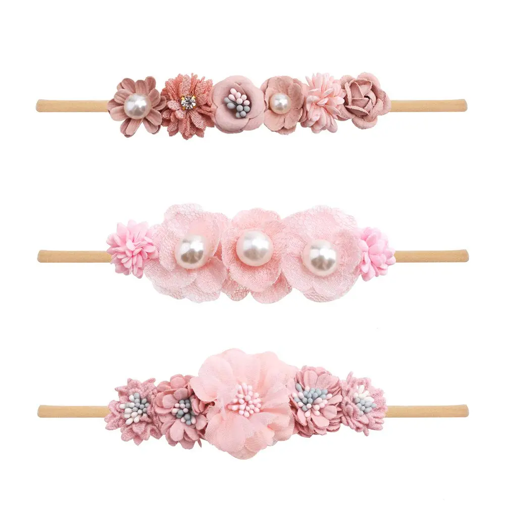 SQ-HDW124 Baby Girl Nylon Headbands Flower Hair Bows Accessories-Elastic Hair Band Crown Handmade FLoral Wraps Birthday Gifts for Girls Newborn Infant Toddler 3Pcs