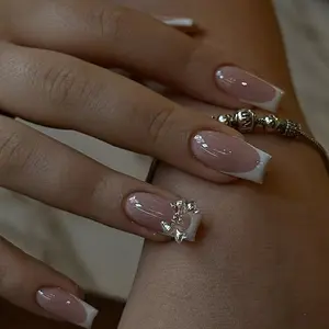 Set of 24 Medium Square False Nails, French 3D Aurora Butterfly Design, Fashionable Nail Art, Reusable and Detachable, Perfect for Parties, Glitter Decorative Nails