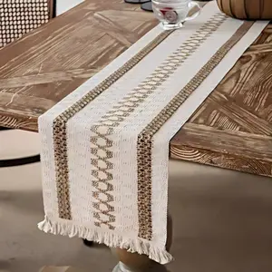 American Vintage Linen Dinner Table Runner, Woven Coffee Tea Table Cloth, Fringe Simple Striped Decoration, Light Luxury Nordic Style