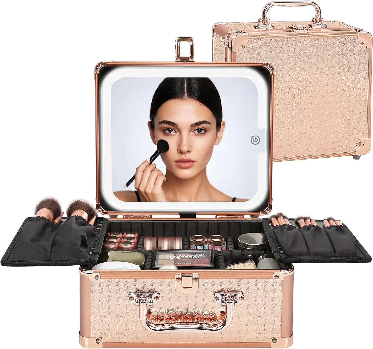 Makeup Bag with LED Mirror, Makeup Box Travel Train Case with Lighted Mirror, Cosmetic Brush Organizer for Makeup Artists Gifts for and Girls, Rose Gold