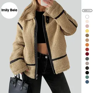 Imily Bela Womens Winter Faux Fur Coats Fleece Zip up Sherpa Moto Jackets Trendy Warm Leather Patchwork Outerwear