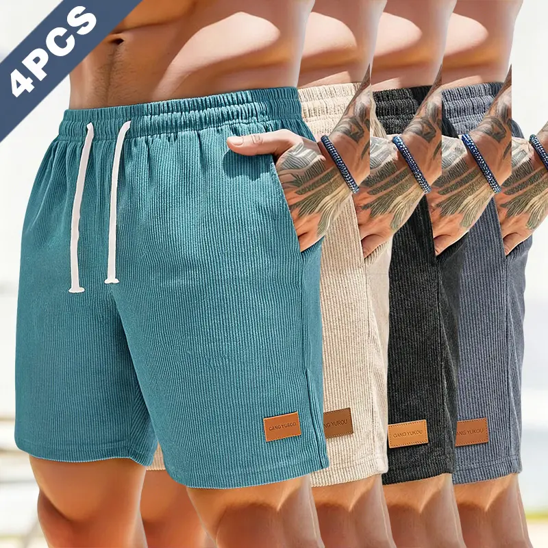 Men's Summer Casual Athleisure Shorts - Menswear, Adjustable Waistband, Waffle-Textured Breathable Fabric, Loose Straight Fit, Corduroy Shorts Set (2- or 4-Piece Options) for Everyday Wear