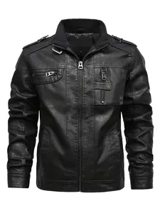 Men's Classic Black Faux Leather Biker Jacket Slim Fit Motorcycle Moto Coat with Stand Collar & Zipper Pockets Casual Trendy Streetwear for Fall Winter