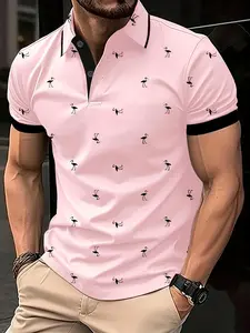 Men's Tropical Flamingo Print Animal Polo Shirt, Regular Fit Casual Short Sleeve Collared Top for Summer, Fashion Men's Clothes for Daily Wear, Menswear