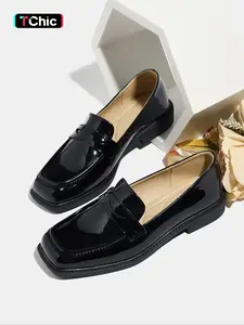 Women's Fashion PU Leather Loafers, Geometric Pattern Slip-On Shoes, Comfortable Mid Heel Fall & Winter Footwear