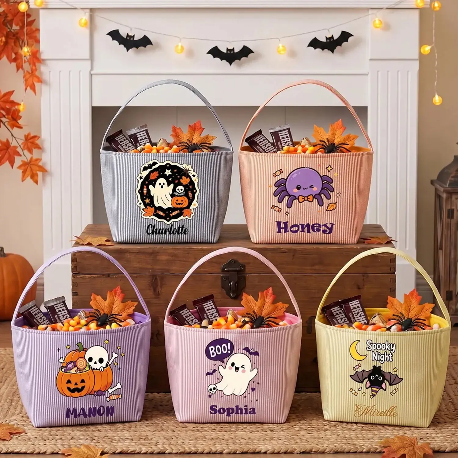 Personalized Seersucker Halloween Toddler Basket, Custom Trick or Treat Candy Bag, Halloween Gift For Kids, Halloween Party Decor