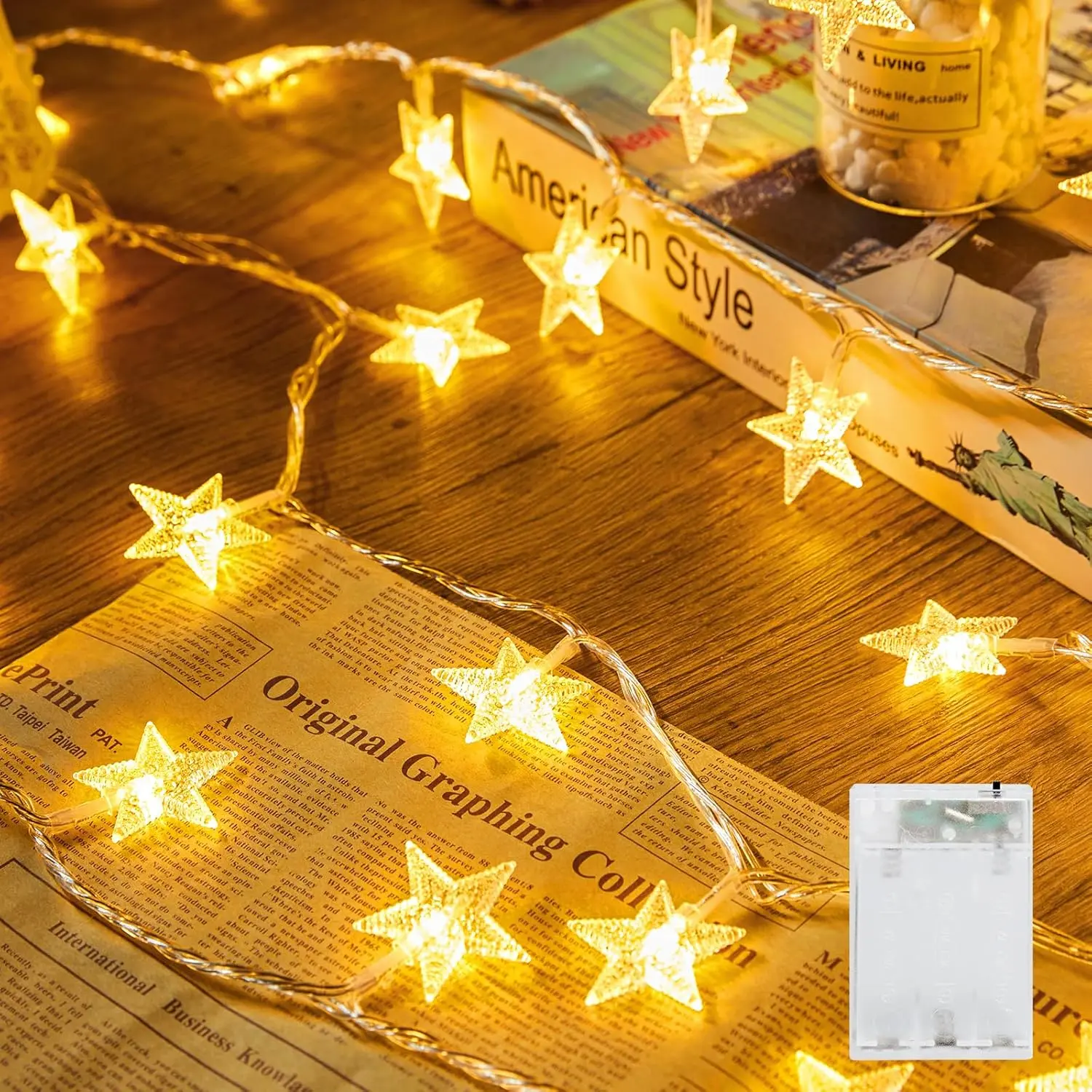 17 ft Cordless Battery-Operated 50 LED Star String Lights with Timer, Energy Saving Indoor/Outdoor Wall/Window Decor for Kid Room Dorm Headboards Party, Warm White (Batteries Not Included), Dorms