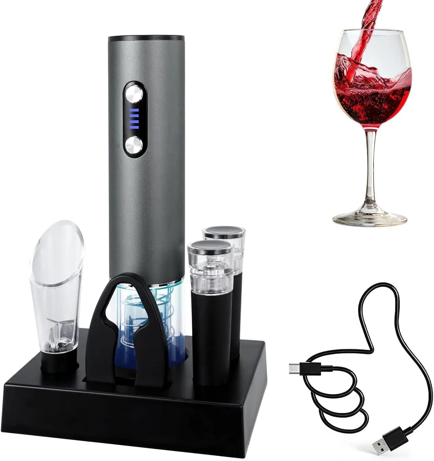 Electric Wine Bottle Opener, Automatic Wine Opener Set, USB-C Rechargeable Wine Opener with Foil Cutter, Wine Pourer, 2 Vacuum Stoppers and Storage Base
