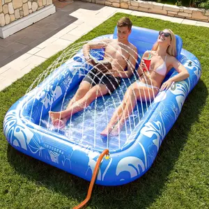 DSQUU Inflatable Tanning Pool with Sprinkler 77" x 48" XL Floats Adult Pillow 6-in-1 Suntan Tub Raft Drink Holder Sunbathing Water Lounge for Tanning Playing Nap Kids Ball Pit Backyard Summer Water