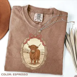 Comfort Colors Vintage Farmhouse Highland Cow Shirt, Grandma Core Shirt, Coquette CottageCore Oval Frame , Homestead Mama Shirt