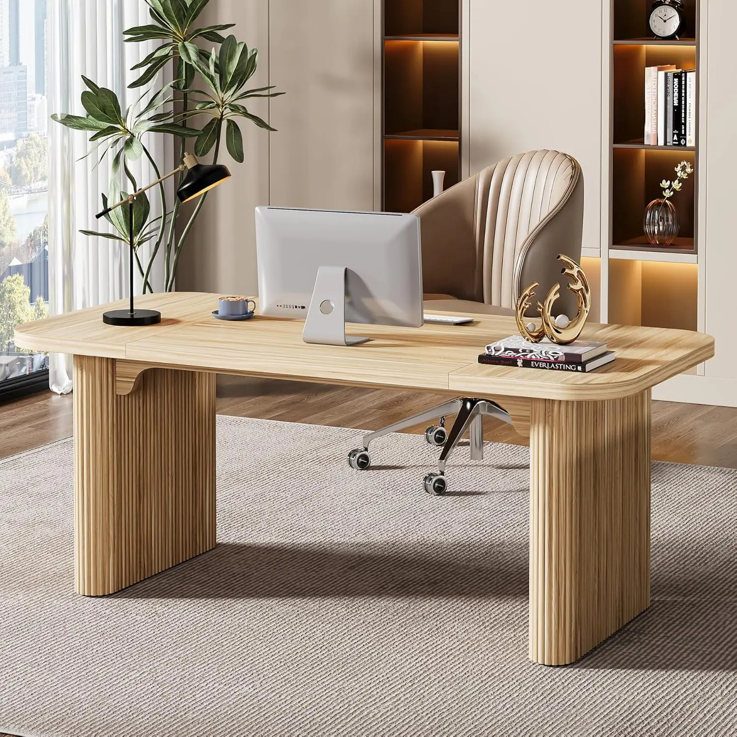 LITTLE TREE Modern Office Desk, 62-Inch Wood Executive Desk, Large Aesthetic Computer Work Desk with Double Pedestal, Workstation for Home Office