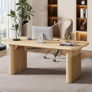LITTLE TREE Modern Office Desk, 62-Inch Wood Executive Desk, Large Aesthetic Computer Work Desk with Double Pedestal, Workstation for Home Office